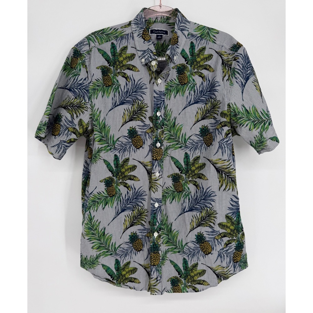 Club Room Mens Tropical Pineapple Stripe Short Sleeve Button Down Shirt Sz‎ L
